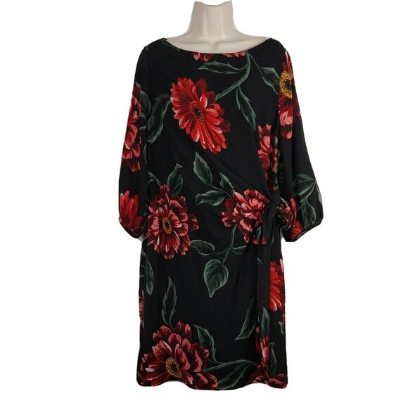 Ignite Evenings Cocktail Dress Boatneck Women Size 14W Black Red Floral FLAW - Picture 1 of 9